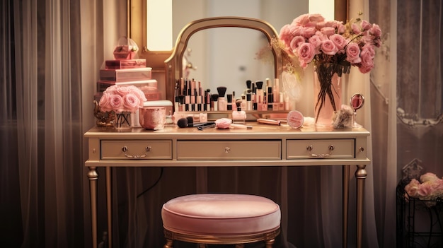 Photo an intimate view of a stylish boudoir table adorned with makeup hairstyling tools and a mirror showcasing the essence of feminine beauty rituals