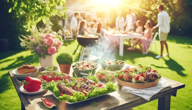 Intimate view of summer grilling party with detailed table setting