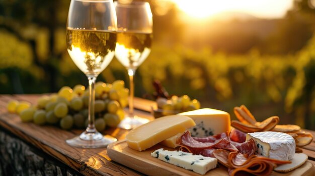 Intimate wine tasting setup with cheeses during a vineyard sunset