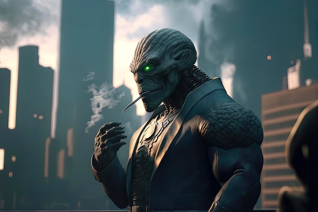 An intimidating Alien dressed in a tailored suit smoking a cigar standing confidently muscular physique GeneratedAI