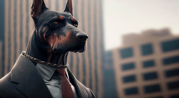 Photo an intimidating business doberman dressed in a tailored suit with city in the background aigenerated