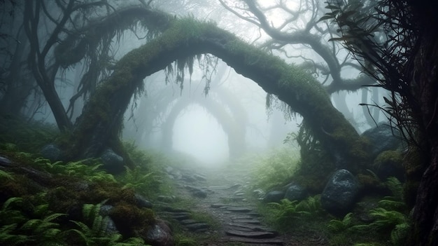 Into the deep woods landscape with archway and ancient trees misty and foggy mood generative ai