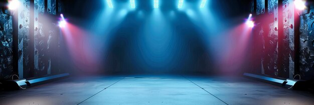 Photo into the future empty stage with blue neon lights modern design meets technology