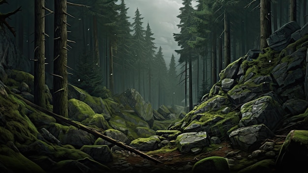 Into the Wild A Dark and Green Forest Landscape with Pine Trees Cliffs and Boulder Rocks