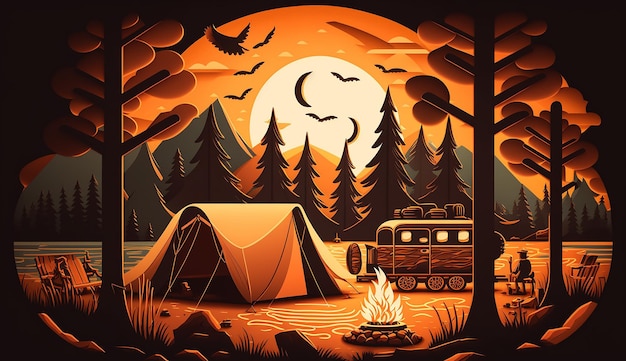 Into the Woods A Vector Illustration of Summer Camping Generative AI