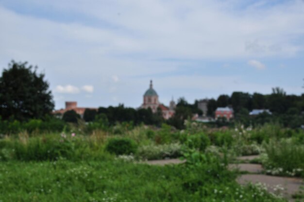 Intreepupil uitzicht op het panorama van de stad Smolensk. Onscherp groene struiken en gebouwen.