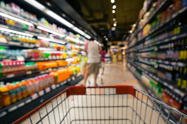 Intreepupil vervaging van mannelijke en vrouwelijke winkelwagentjes die boodschappen kopen op alcoholische drankproducten in de supermarkt