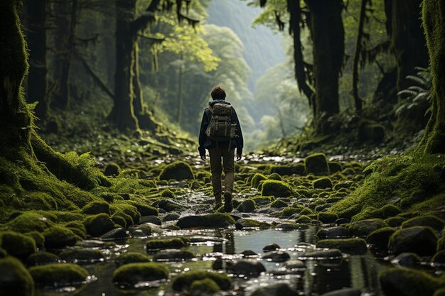 Intrepid hiker navigates through a dense emerald woodland