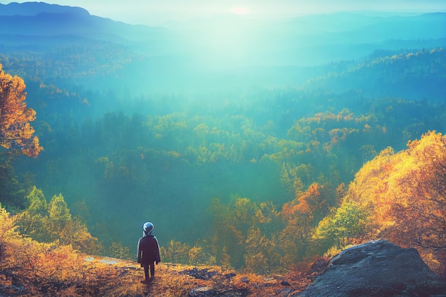 Intrepid traveler stands on cliff overlooking autumn forest and majestic light blue mountain range