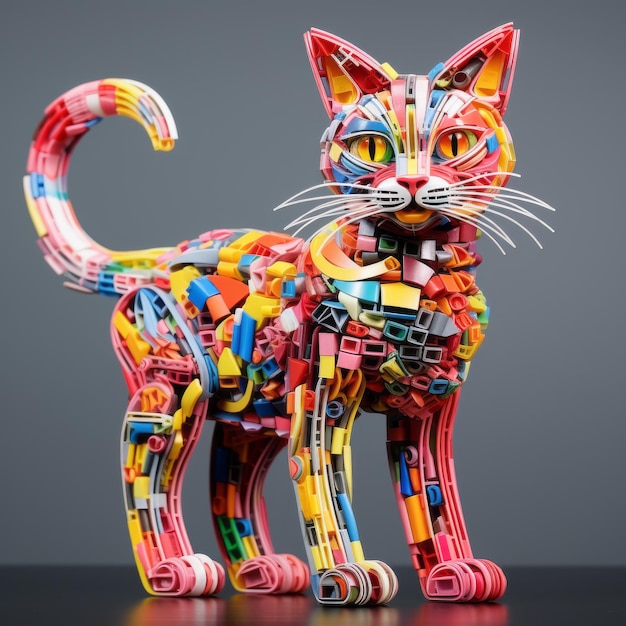 Сложная трехмерная скульптура кошки - технологическое произведение искусства из переработанной упаковки