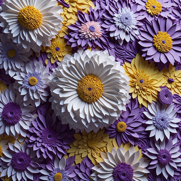 An intricate 3D high definition highly detailed Purple Yellow white daisies