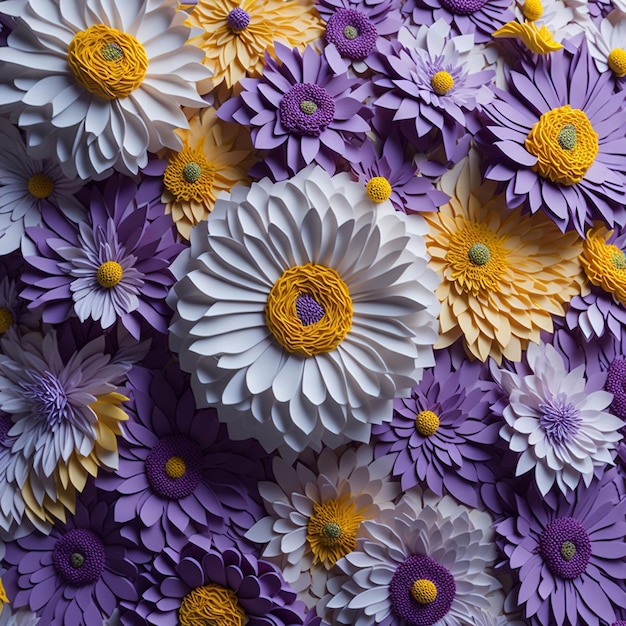 An intricate 3D high definition highly detailed Purple Yellow white daisies