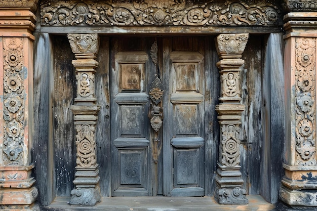 Сложная древняя деревянная дверь со старым украшением