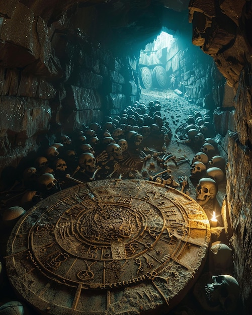 intricate artifact covered in mystic symbols discovered deep within a hidden catacomb surrounded by ancient skeletons realistic silhouette lighting HDR