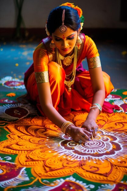 Foto l'intricata opera d'arte di un rangoli fatta per ram navami