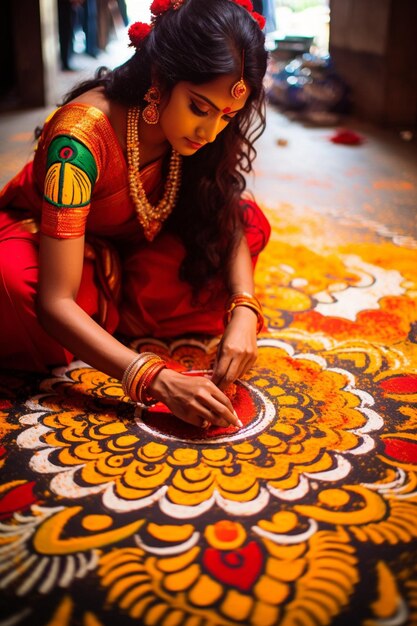 the intricate artwork of a Rangoli made for Ram Navami