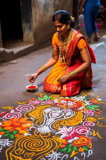 Foto l'intricata opera d'arte di un rangoli fatta per ram navami