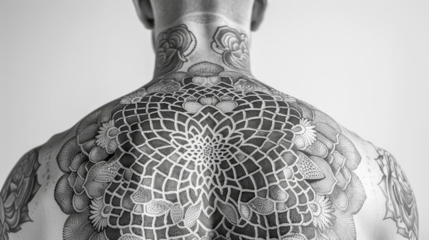 Intricate back tattoo in black and white