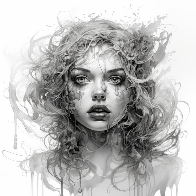 Замысловатая черно-белая иллюстрация абстрактной девушки с капающими волосами