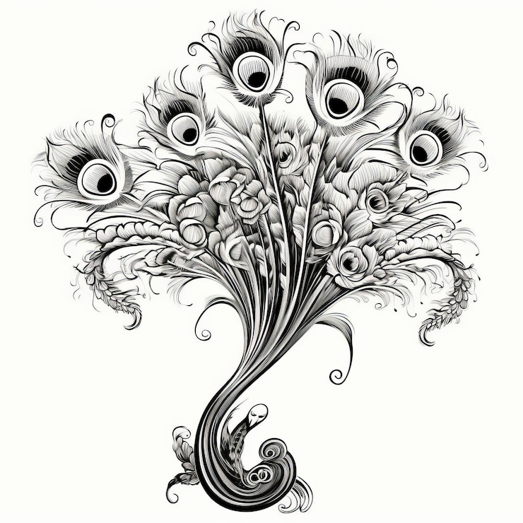 फोटो intricate black and white sketch of flower with peacock feathers
