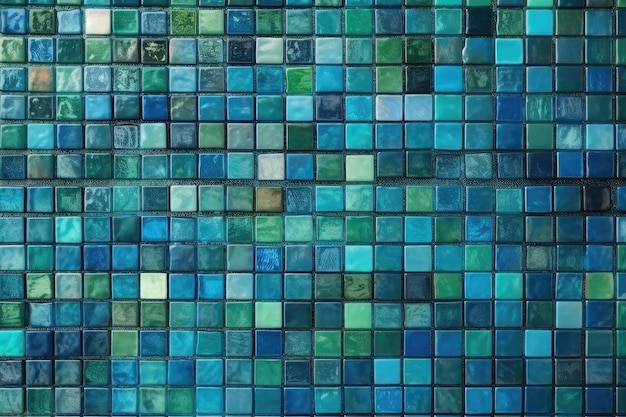 Intricate blue and green tile wall in closeup