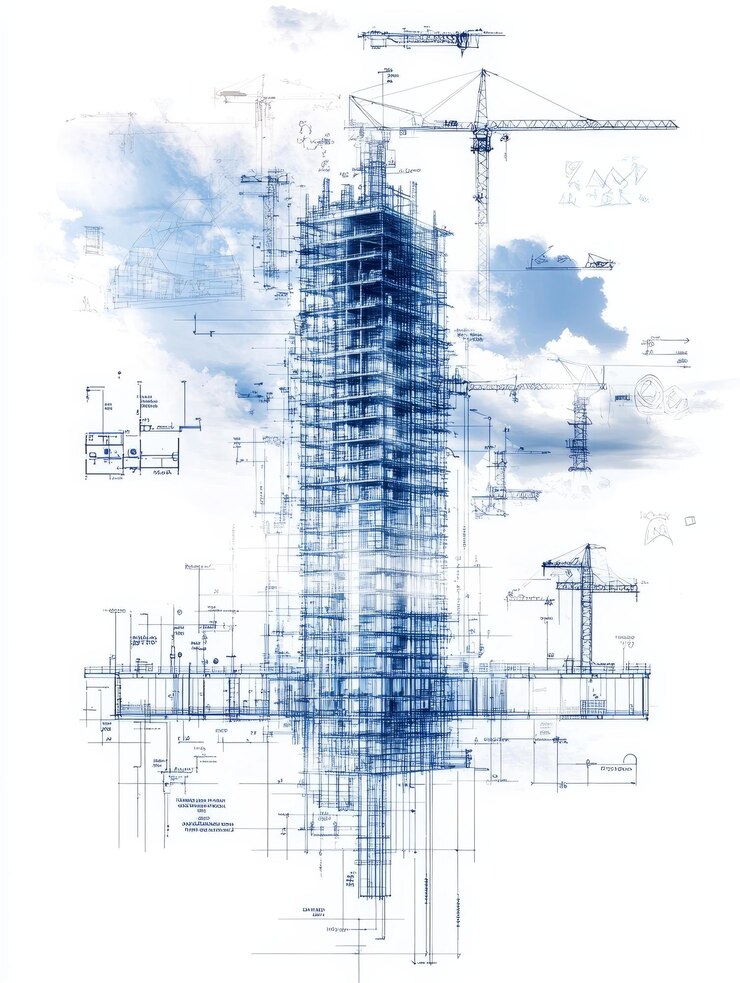 Intricate Blueprint of a Modern Skyscraper with Structural Details and Floor Plans