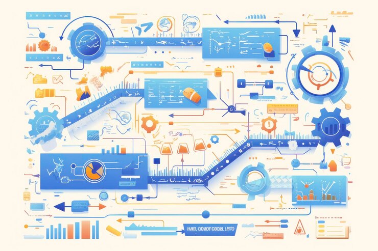 Photo intricate blueprint with abstract digital graphics and icons