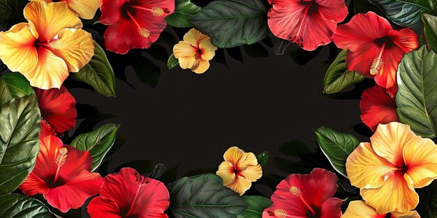 An intricate border adorned with crimson and golden hibiscus and foliage