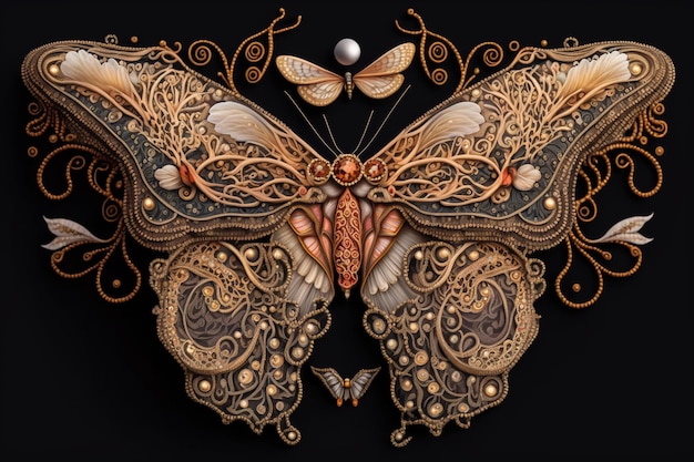 Intricate butterfly with intricate details on black background with gold accents generative ai