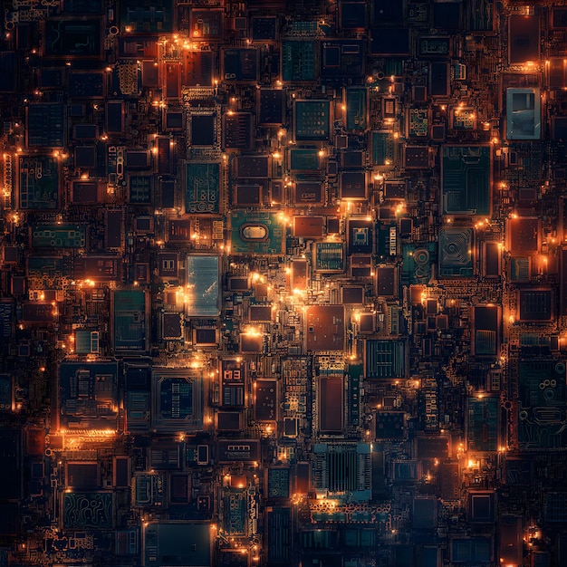 Photo intricate circuit board cityscape digital technology background