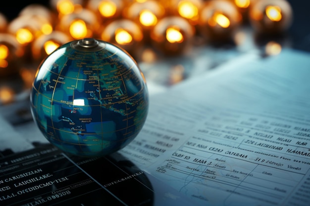 Photo intricate close up displays a glass globe next to a financial report