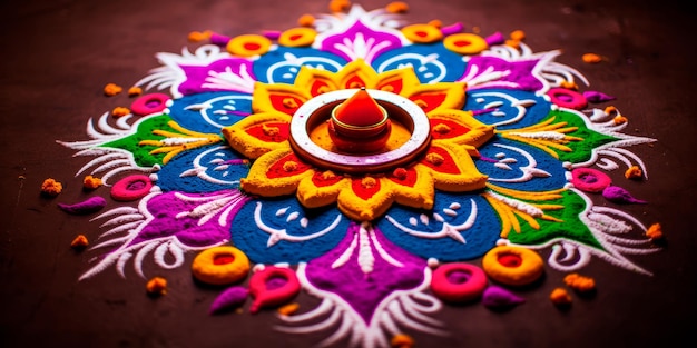 intricate and colorful rangoli design created on the floor using vibrant powders Diwali background
