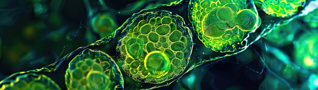 Сложное поперечное сечение растительных клеток под микроскопом с ярко-зелеными деталями