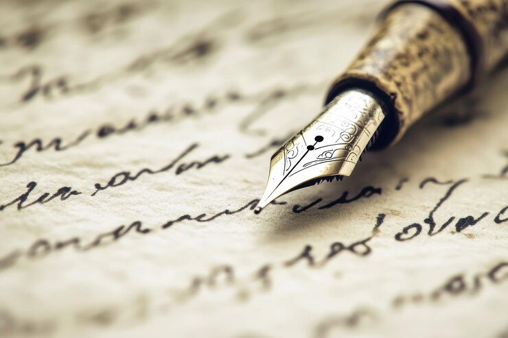 Photo intricate details of fountain pen writing on aged paper captured through macro photography in warm sepia tones against a bright white background