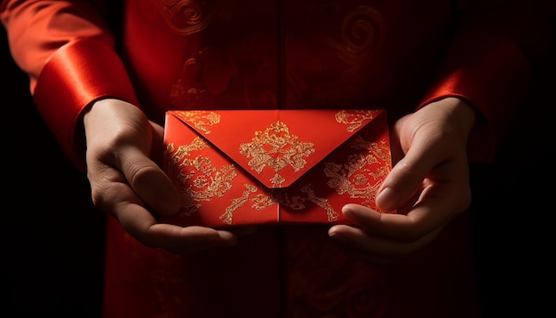 Intricate details of red envelopes known as hongbao being exchanged chinese new year