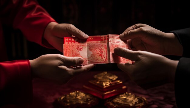 Intricate details of red envelopes known as hongbao being exchanged chinese new year