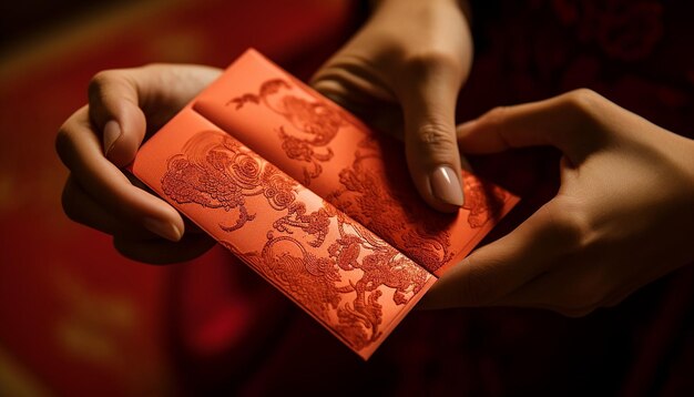 Photo intricate details of red envelopes known as hongbao being exchanged chinese new year