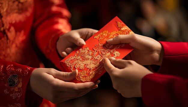 Intricate details of red envelopes known as hongbao being exchanged chinese new year
