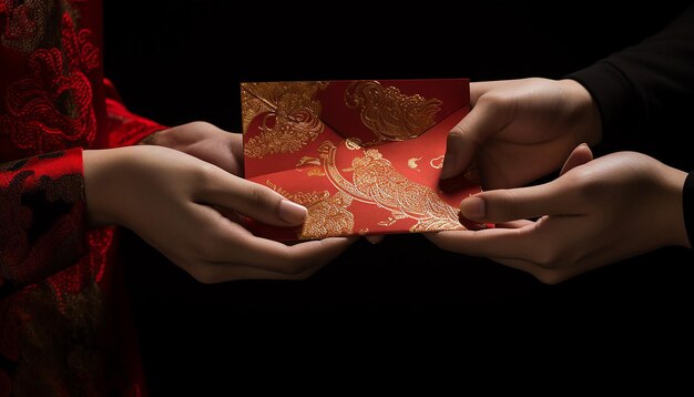 Intricate details of red envelopes known as hongbao being exchanged chinese new year