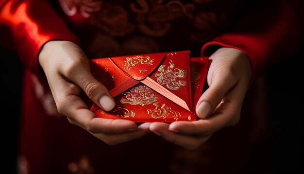 Intricate details of red envelopes known as hongbao being exchanged chinese new year