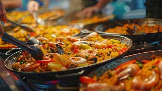 The intricate details of a seafood paella with its vibrant colors and mix of flavors being served