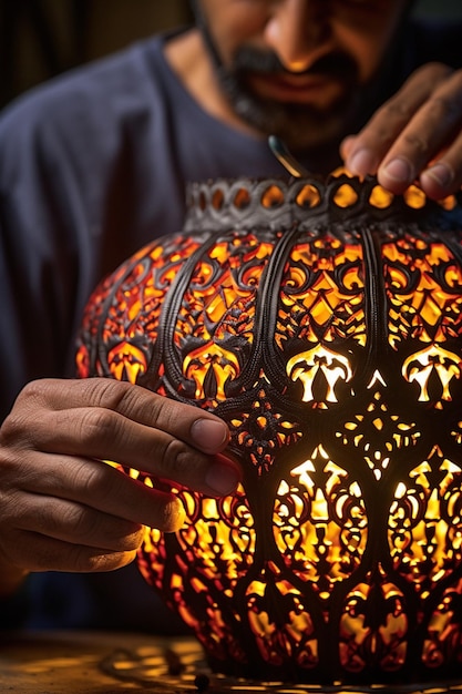 the intricate details of traditional Ramadan lanterns being crafted by an artisan
