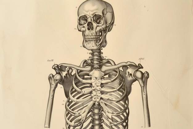 Photo an intricate diagram depicting the human skeleton with labeled bones in a standard scale