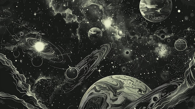 intricate digital art depicting a mesmerizing cosmic landscape with multiple planets stars and celestial phenomena in black and white