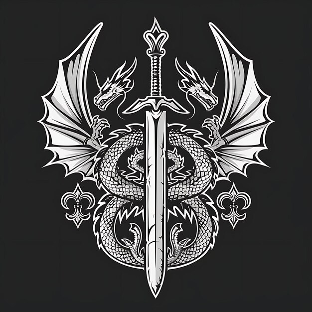 Intricate Dragon Knight Crest Logo With a Dragon Coiling Aro Creative Logo Design Tattoo Outline