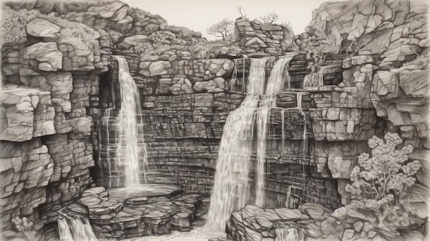 Intricate Drawing Of Kalkkogel Waterfall