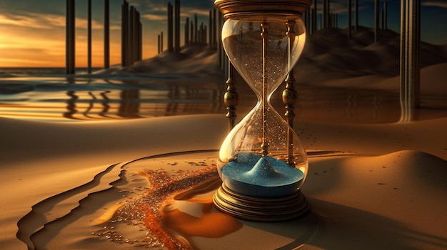 Intricate enormous hourglass time turner where a woman sits upon the sand fighting against the unstoppable flow of time photorealistic cinematic lighting