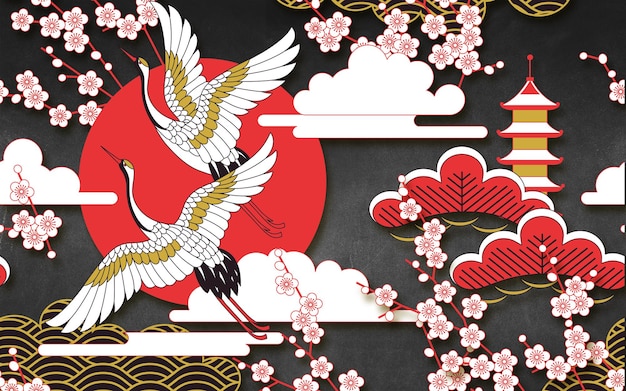 赤と金の複雑な花柄は、中国と日本のデザインを融合させた美しさの影響を与えています。