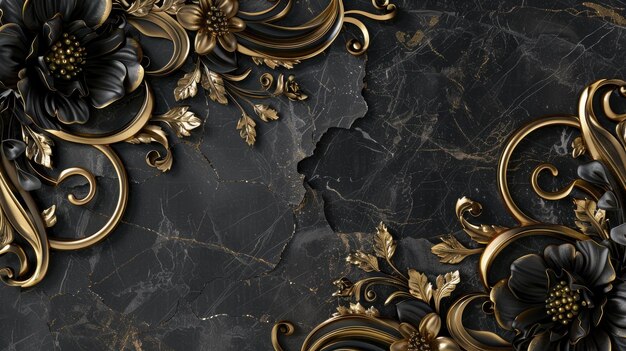 Intricate Golden Baroque Floral Decoration on Black Marble