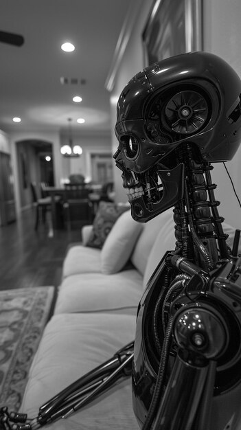 Foto intricate humanoid robot lady wires n tubes with valves gothic blackchrome glossy futurism livingroom dallastexas zommertime ephot lifelike rustiec photographic nikond850